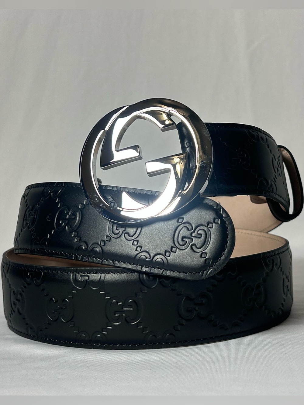 Gucci Men's Black Embossed GG Leather Belt with Silver Interlocking G Buckle 38